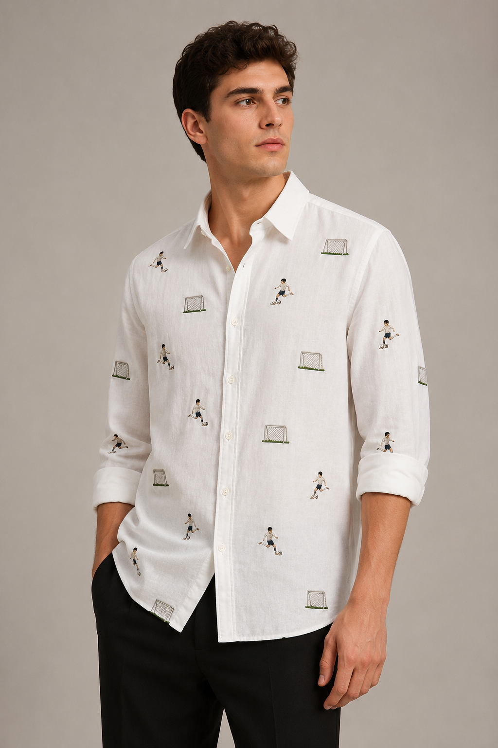 Men’s White Football Embroidered Full Sleeve Shirt