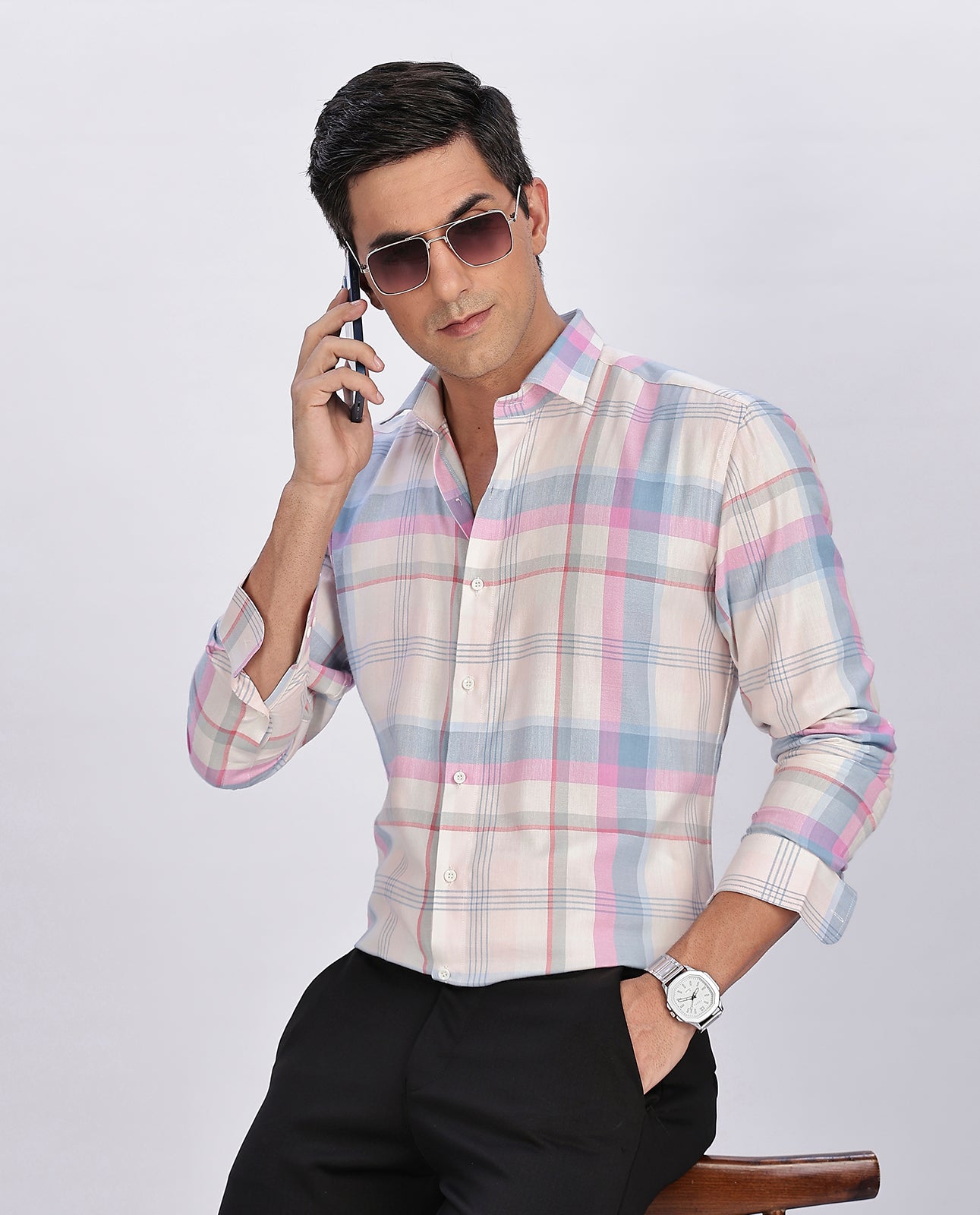 Men's Pink Brushed Checks Regular Fit Shirt - Goamen