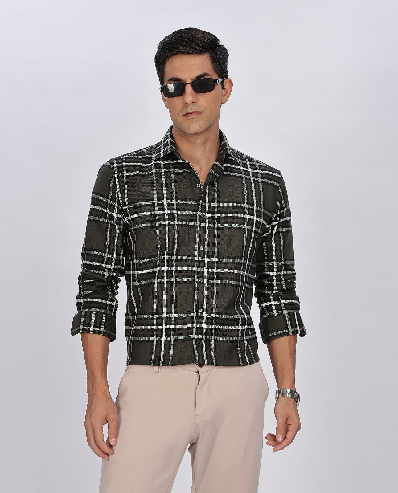 Dark Gray Brushed Checks Regular Fit Shirt - Goamen