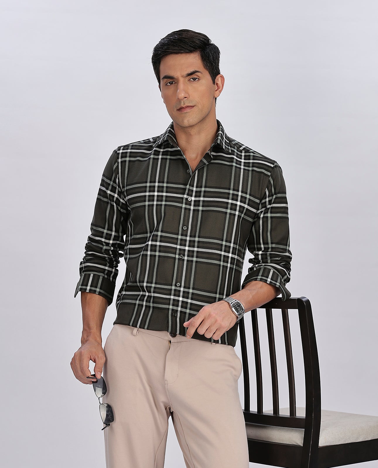 Dark Gray Brushed Checks Regular Fit Shirt - Goamen