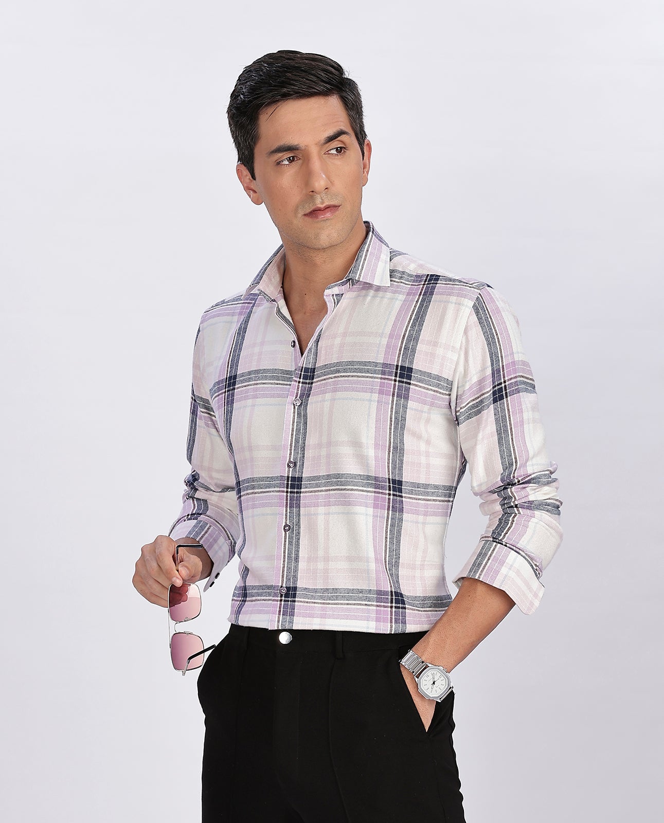 Men's White Brushed Checks Regular Fit Shirt - Goamen