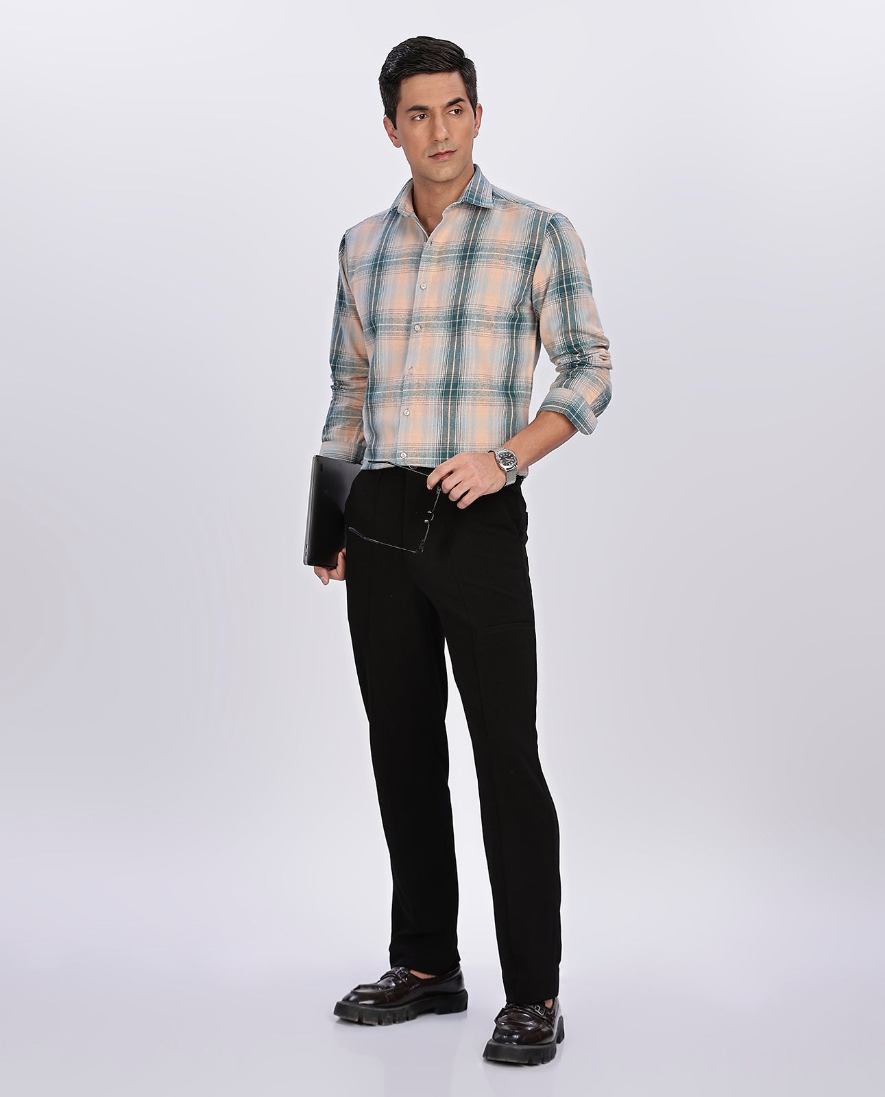 Men's Brown Brushed Checks Regular Fit Shirt - Goamen