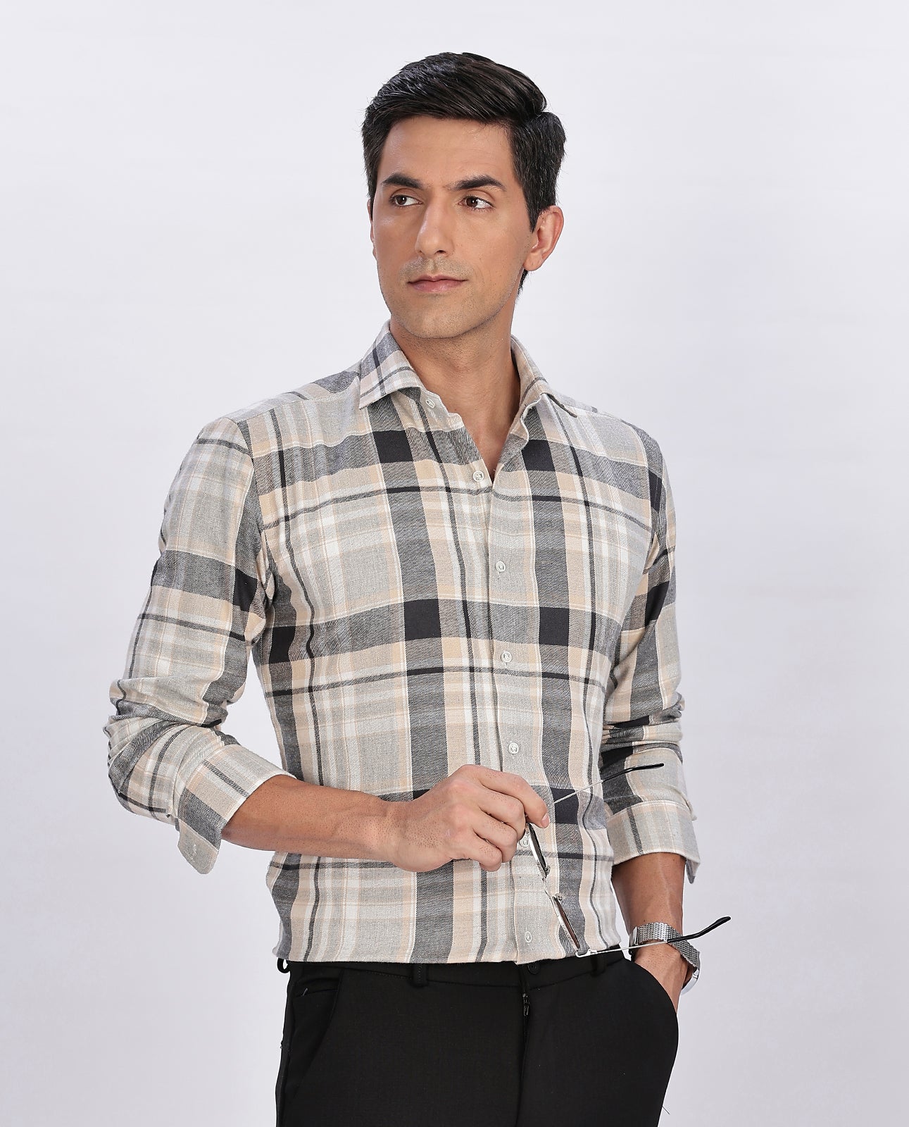 Men's Light Gray Brushed Checks Regular Fit Shirt - Goamen