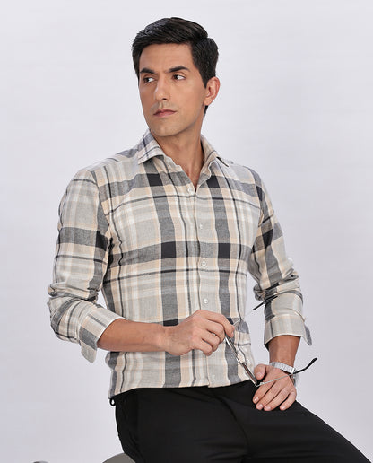 Men's Light Gray Brushed Checks Regular Fit Shirt - Goamen