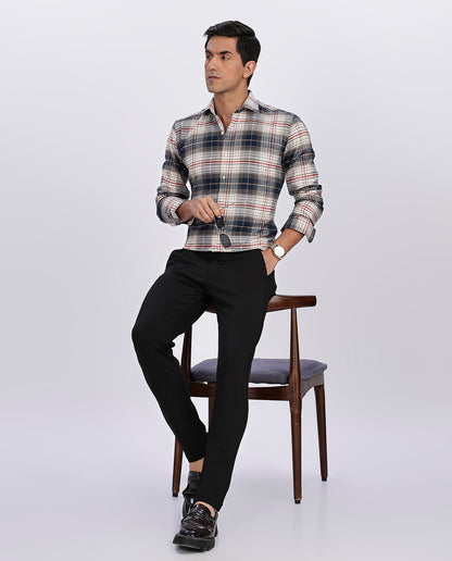 Men's Navy Blue Brushed Checks Regular Fit Shirt - Goamen