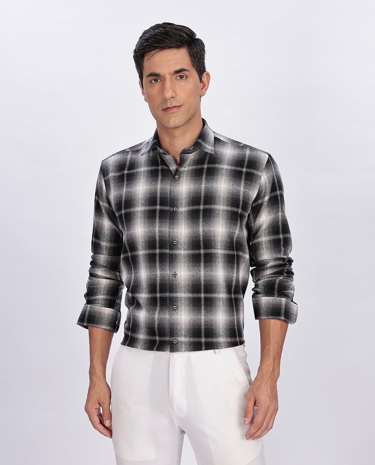 Men's Black Brushed Checks Regular Fit Shirt - Goamen