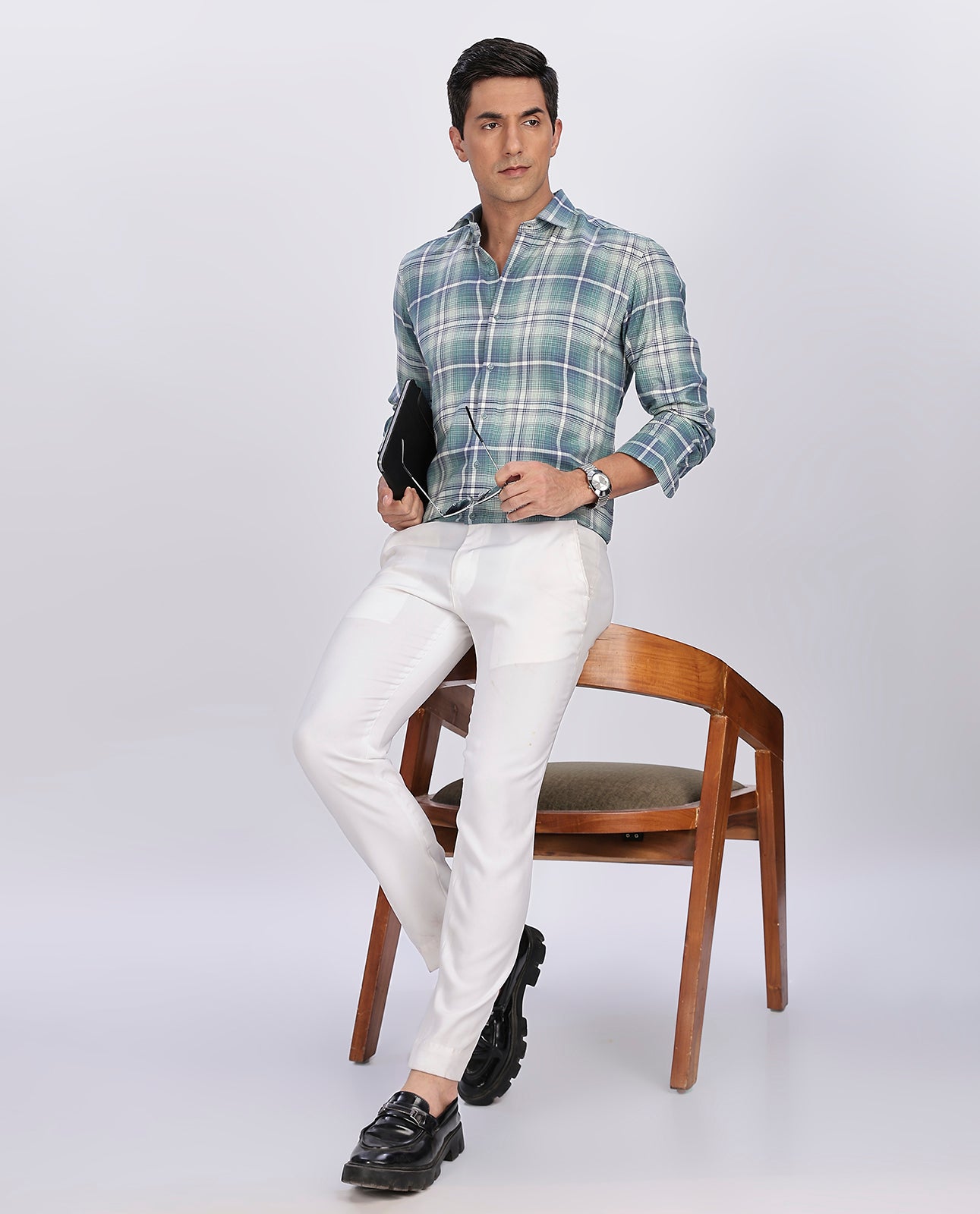 Men's Green Brushed Checks Regular Fit Shirt - Goamen