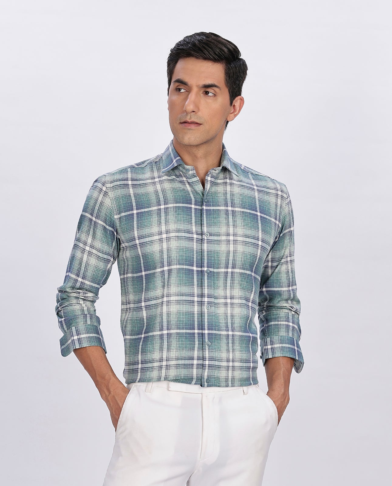 Men's Green Brushed Checks Regular Fit Shirt - Goamen
