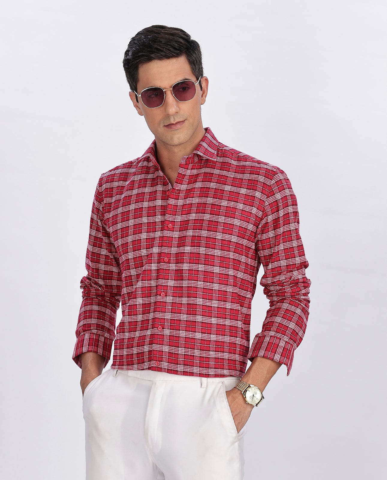Men's Small Red Brushed Checks Regular Fit Shirt - Goamen