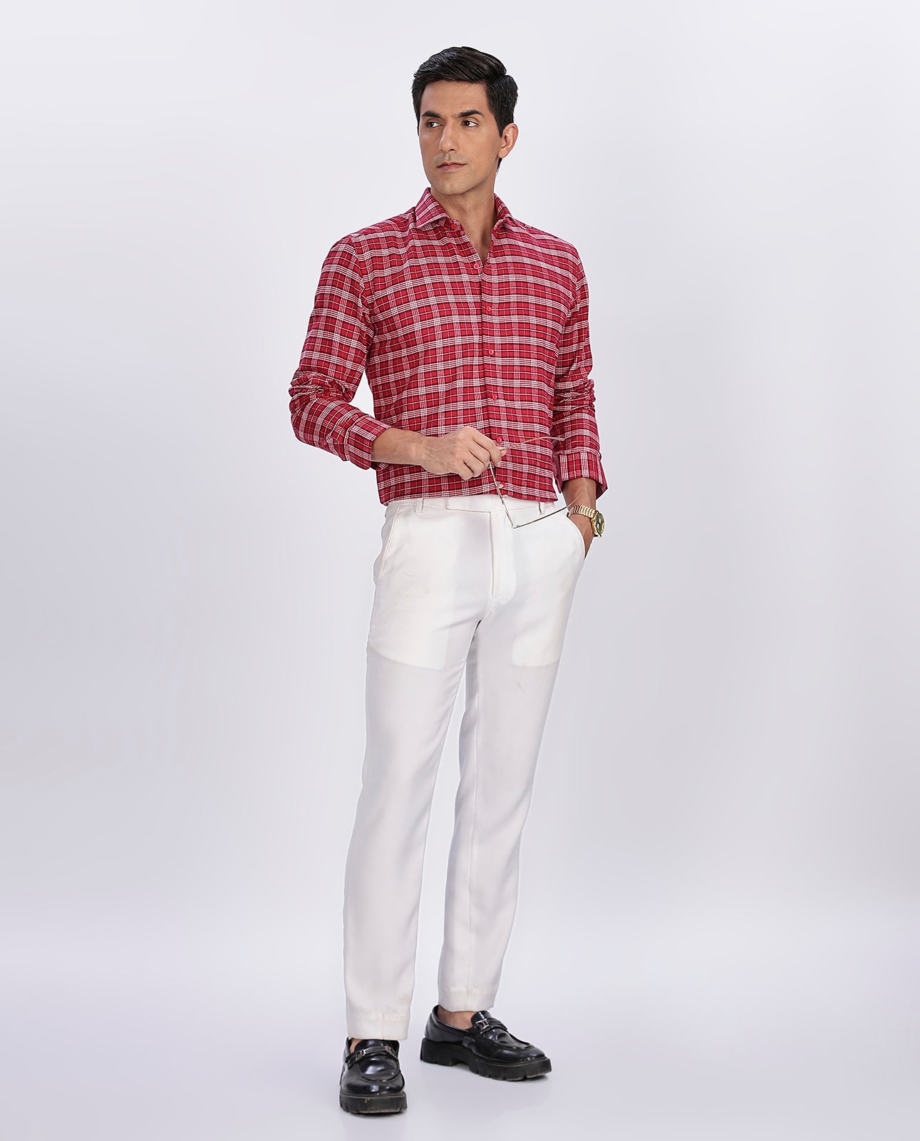 Men's Small Red Brushed Checks Regular Fit Shirt - Goamen