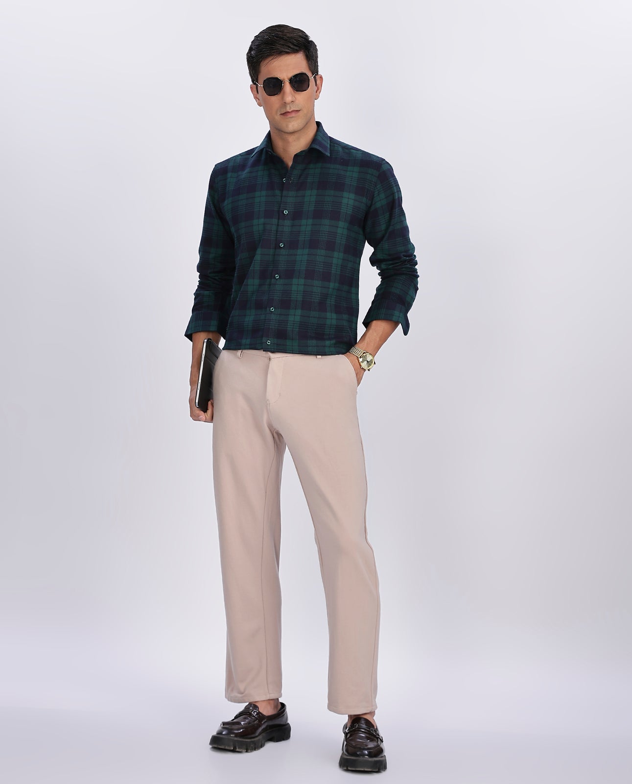 Men's Green Brushed Checks Regular Fit Shirt - Goamen