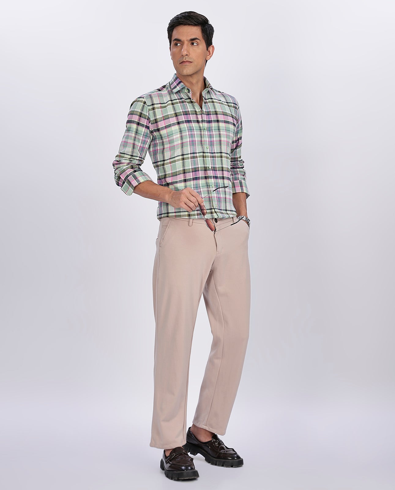 Men's Pink Brushed Checks Regular Fit Shirt - Goamen