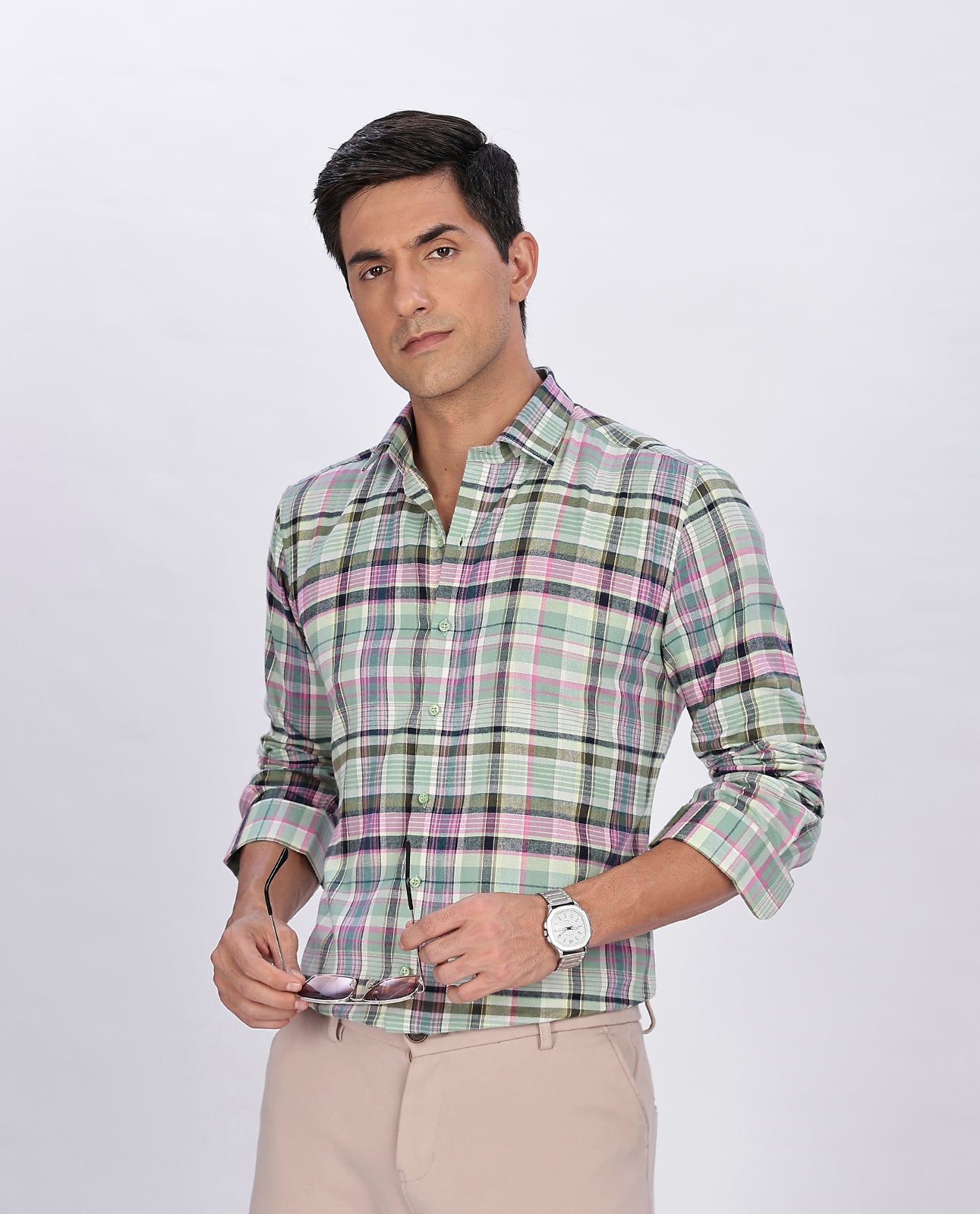 Men's Pink Brushed Checks Regular Fit Shirt - Goamen