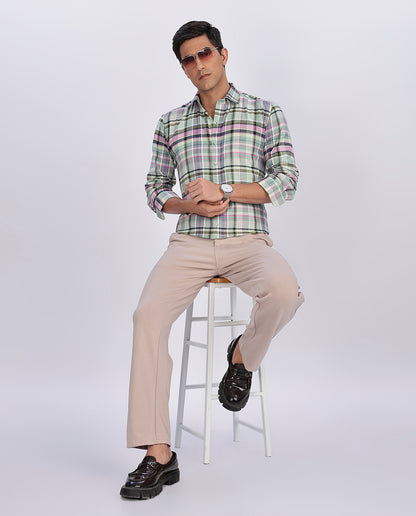 Men's Pink Brushed Checks Regular Fit Shirt - Goamen