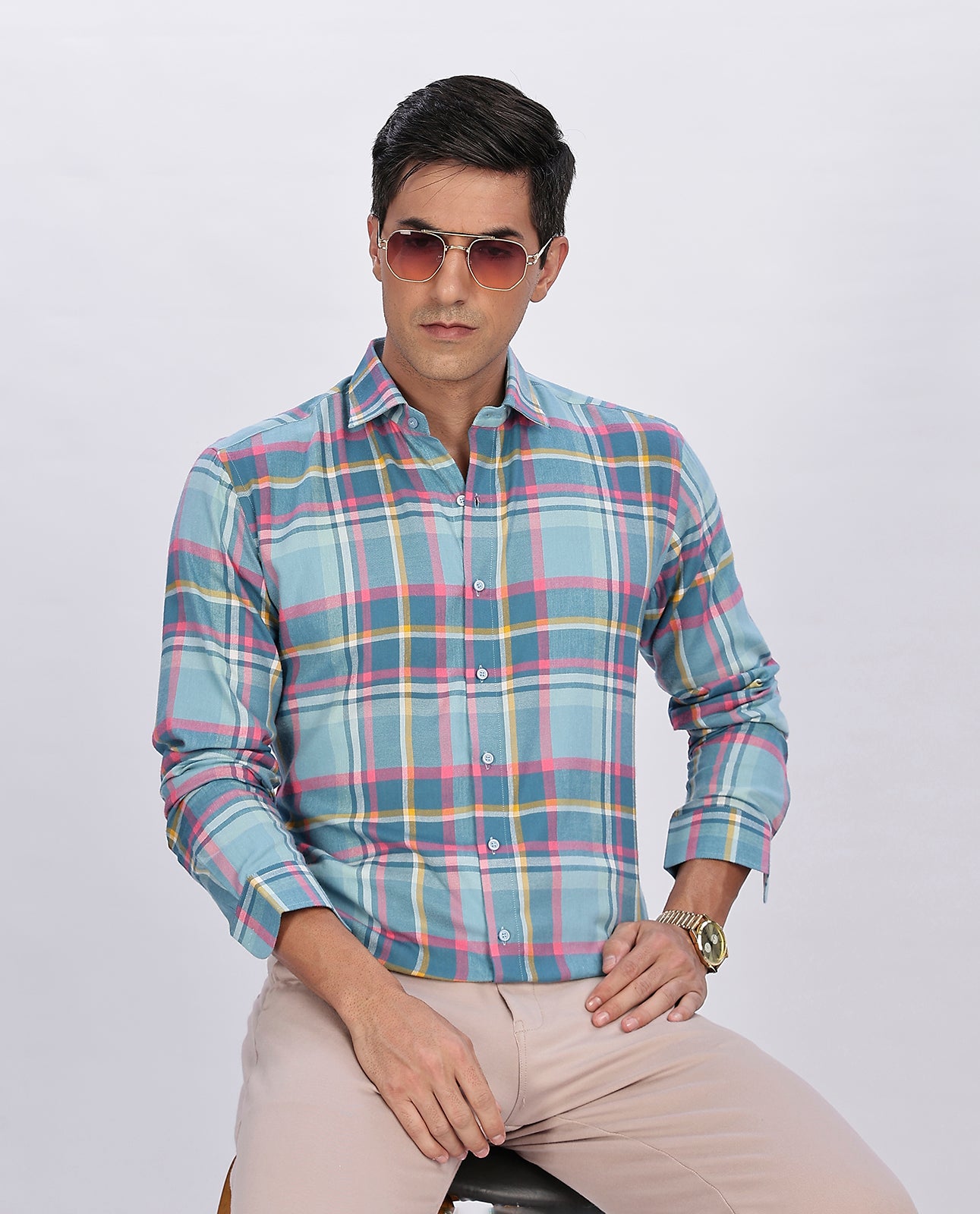 Men's Sky Blue Brushed Checks Regular Fit Shirt - Goamen