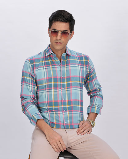 Men's Sky Blue Brushed Checks Regular Fit Shirt - Goamen