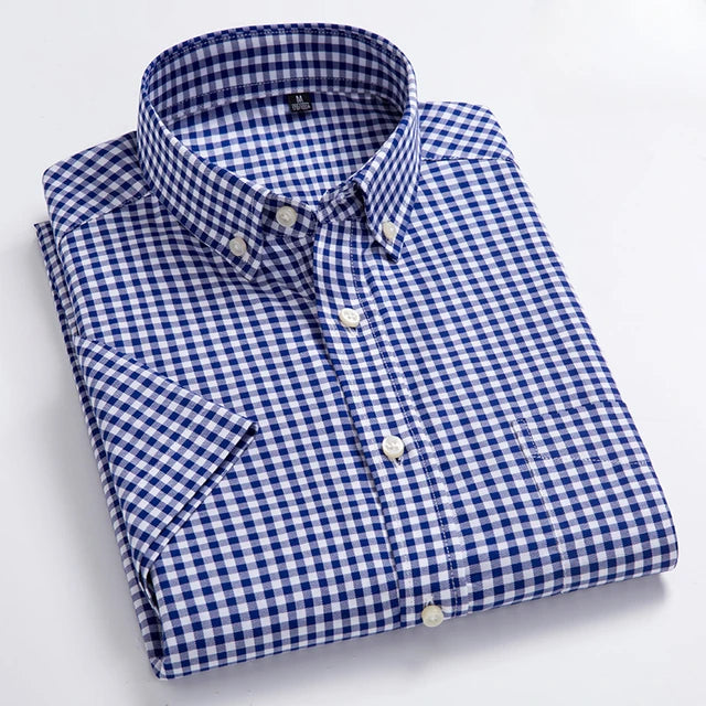 Men's Navy Blue Checks Half Sleeve Cotton Shirt - Goamen