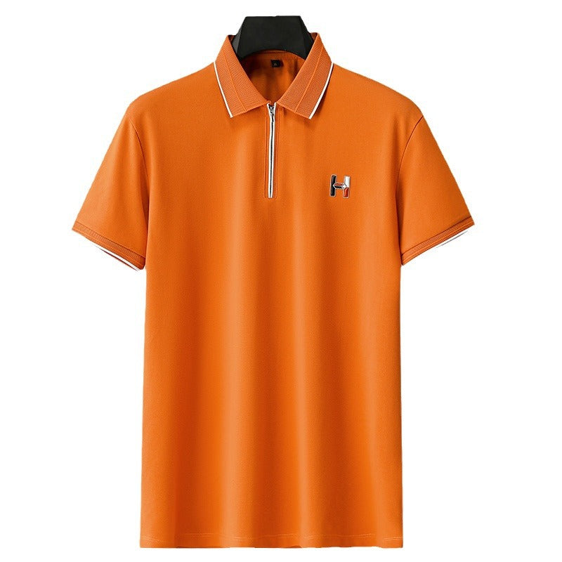 Zipper Polo Knit Half Sleeve Orange T-shirt - Goamen