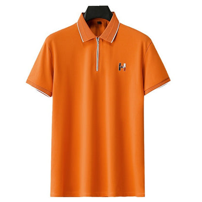 Zipper Polo Knit Half Sleeve Orange T-shirt - Goamen