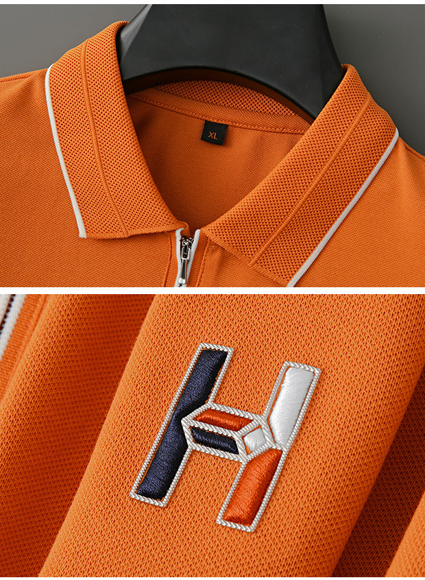 Zipper Polo Knit Half Sleeve Orange T shirt Goamen