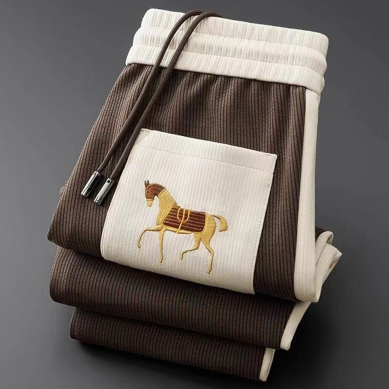 Men’s Brown Casual Ribbed Lounge Pants with Horse Embroidery