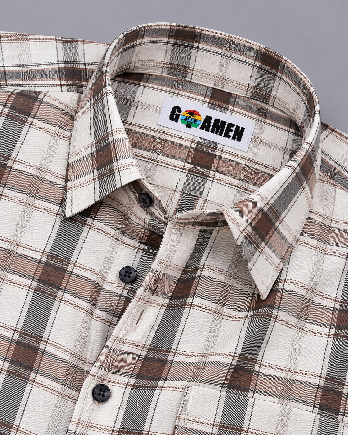 GOAMEN Men's Brown, Grey & White Plaid Check Shirt