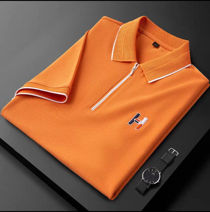 Zipper Polo Knit Half Sleeve Orange T-shirt - Goamen