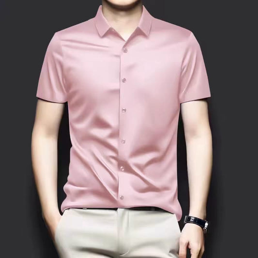 Men's Pink Shatin Half Sleeve Shirt - Goamen