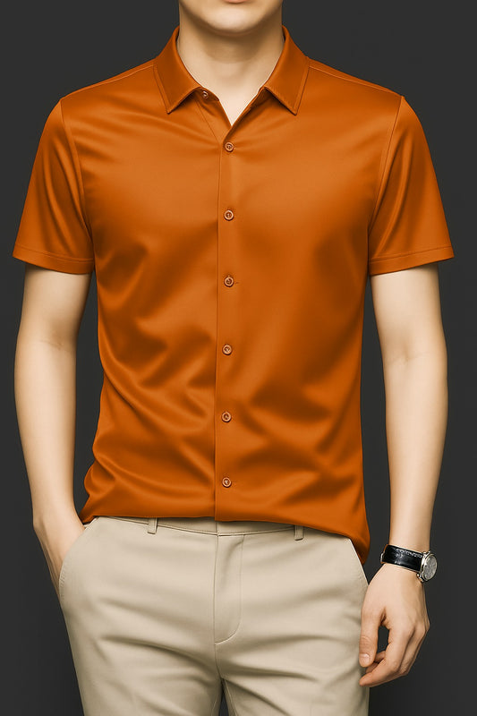 Men's Orange Shatin Half Sleeve Shirt - Goamen