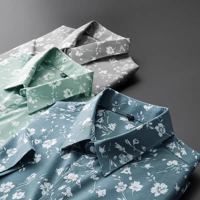 Men's Navy Flower Printed Regular Fit Shirt - Goamen