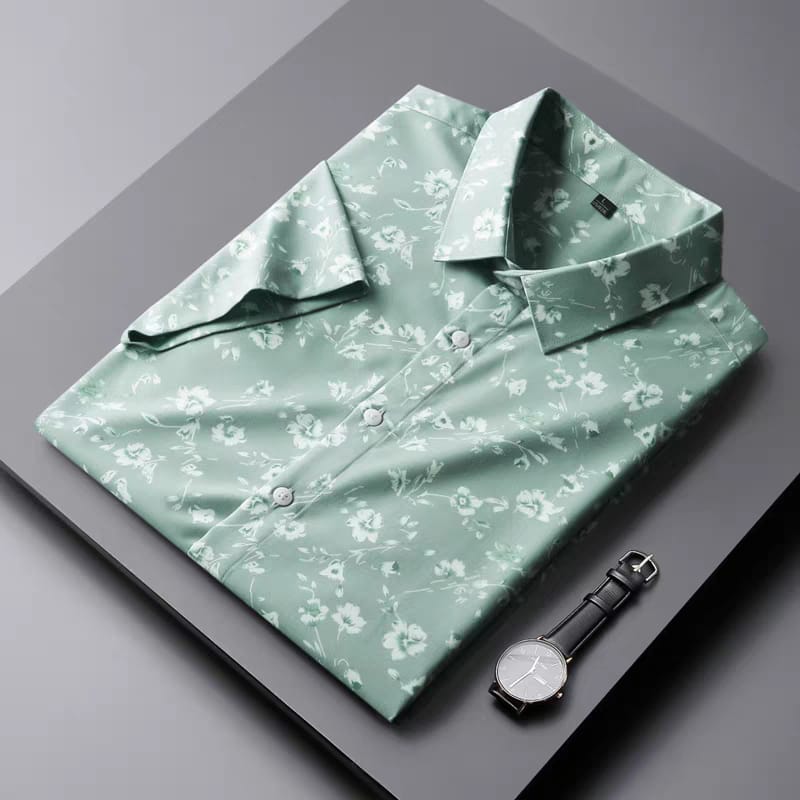Men's Pista Green Flower Printed Regular Fit Shirt - Goamen