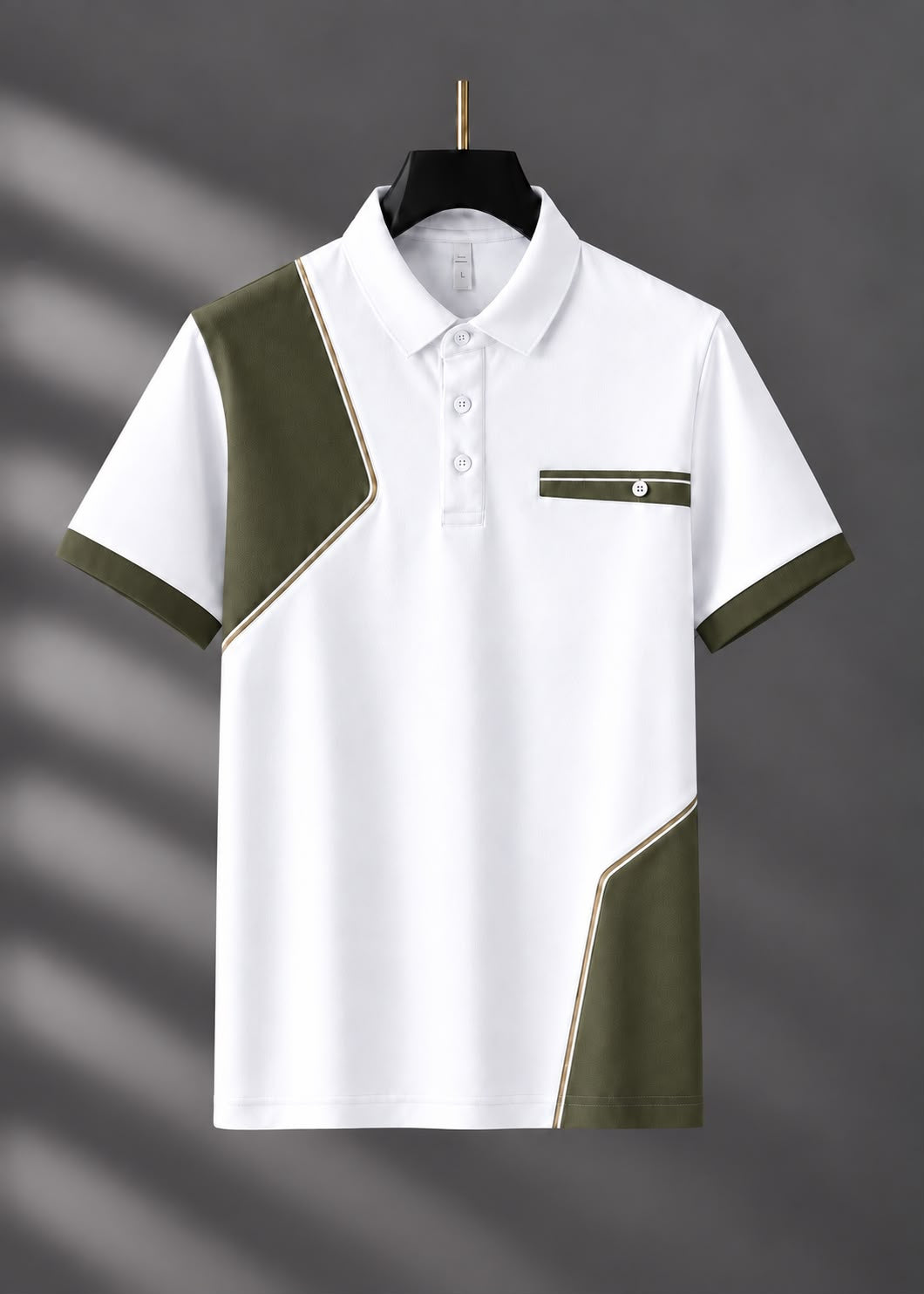 Men’s White Olive Contrast Panel Polo T-Shirt