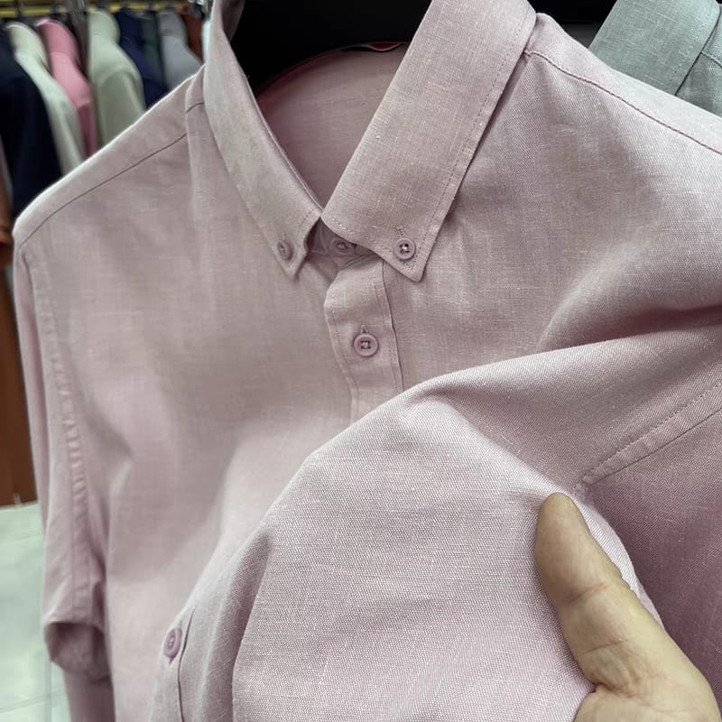 Men's Light Pink Linen Regular Fit Shirt - Goamen