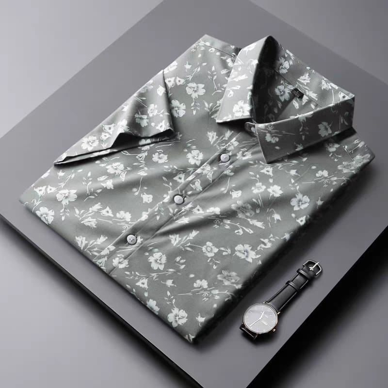 Men's Gray Flower Printed Regular Fit Shirt - Goamen
