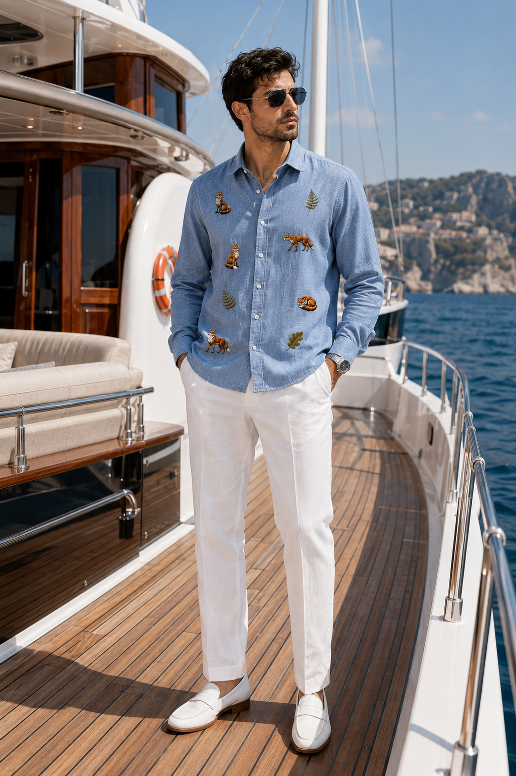 Men’s Sky Blue Fox Embroidered Full Sleeve Shirt