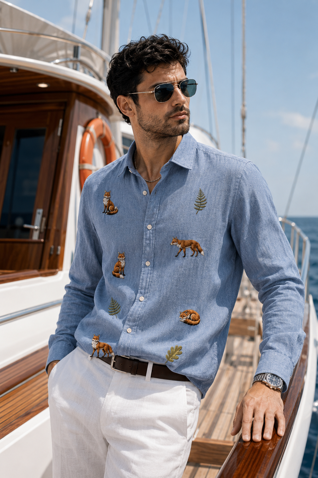 Men’s Sky Blue Fox Embroidered Full Sleeve Shirt