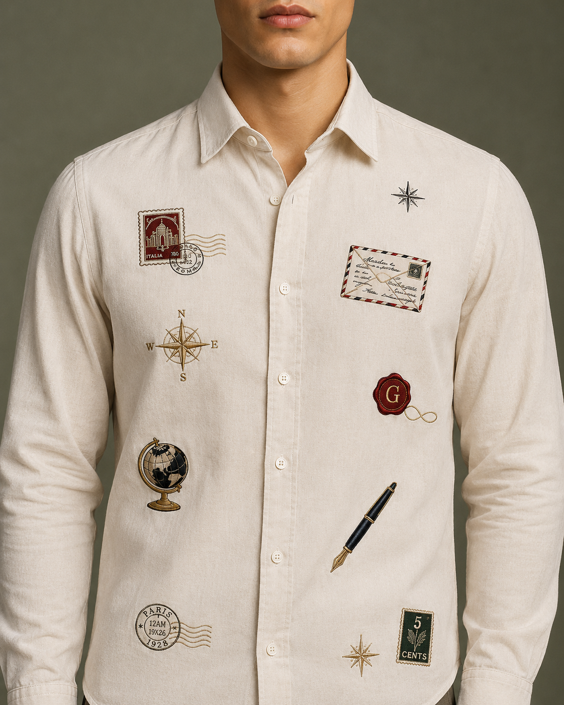 Men’s Ivory Travel Badge Embroidered Full Sleeve Shirt