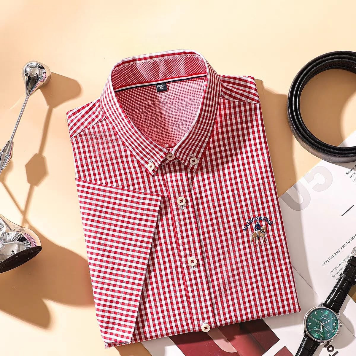 Men's Classic Logo Red Checked Half Sleeve Shirt - Goamen