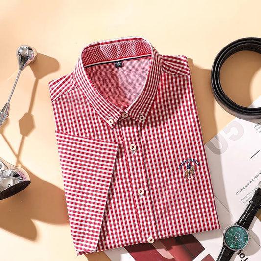 Men's Classic Logo Red Checked Half Sleeve Shirt - Goamen