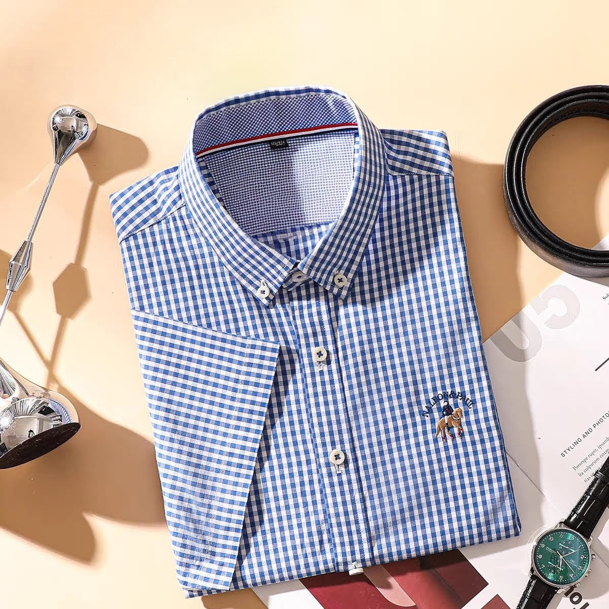 Men's Classic Logo Navy Checked Half Sleeve Shirt - Goamen