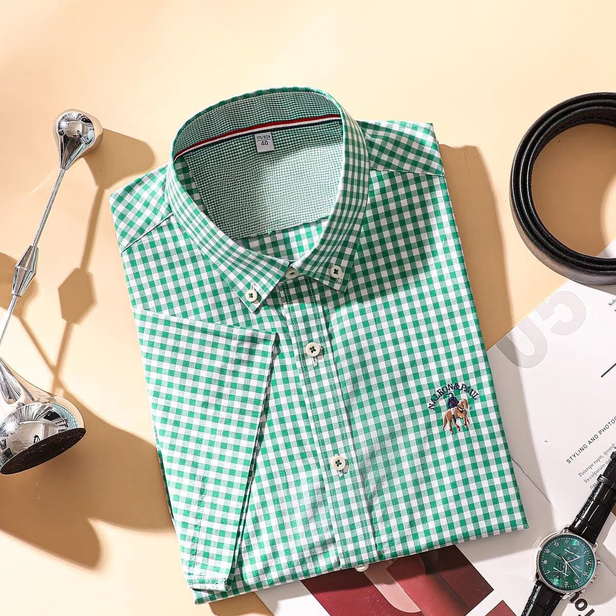 Men's Classic Logo Green Checked Half Sleeve Shirt - Goamen