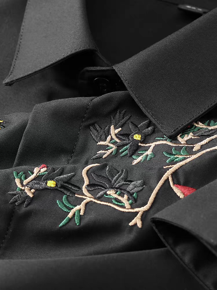 Men's Black Flower Embroidered Logo Shirt - Goamen