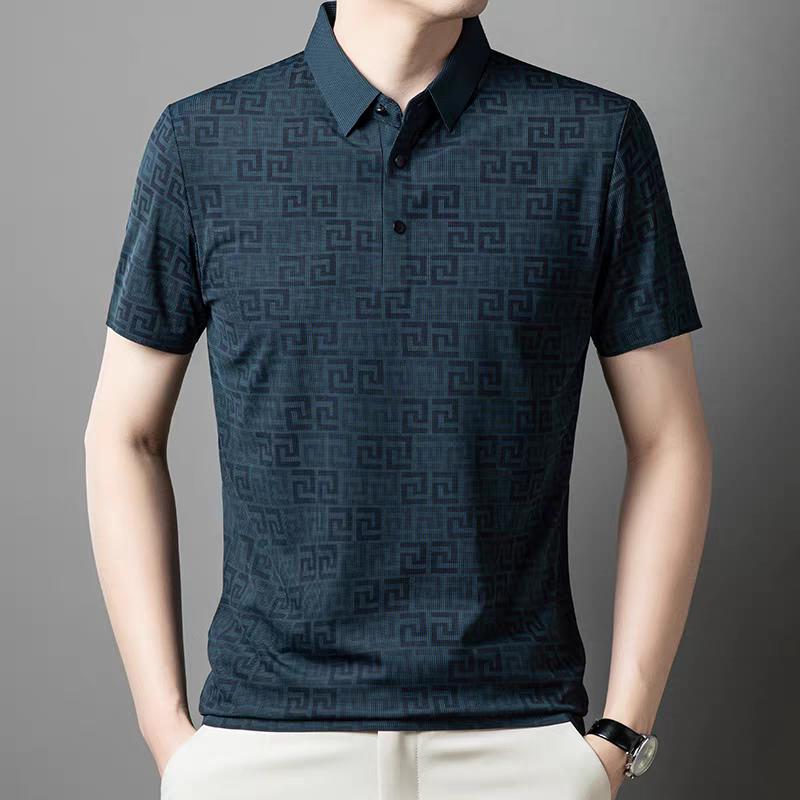 Men’s Navy Blue Geometric Pattern Polo T-Shirt - Goamen