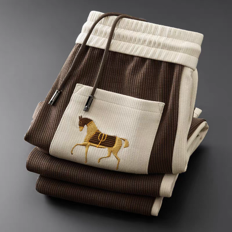 Men’s Brown Casual Ribbed Lounge Pants with Horse Embroidery
