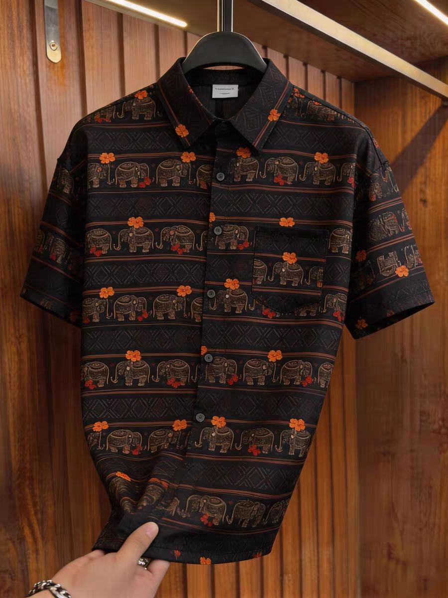 Goamen Royal Elephant Stripe Printed Half Sleeve Shirt