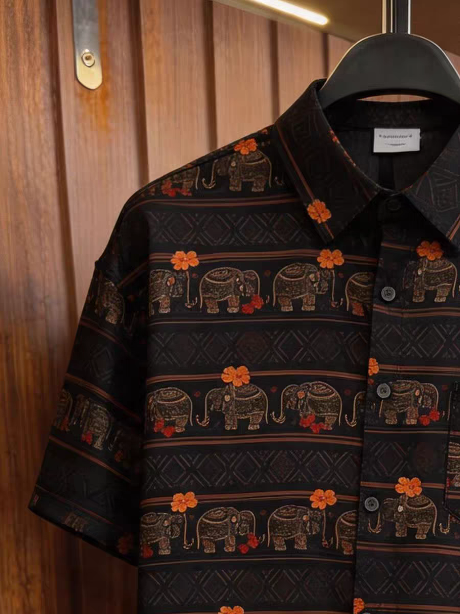 Goamen Royal Elephant Stripe Printed Half Sleeve Shirt