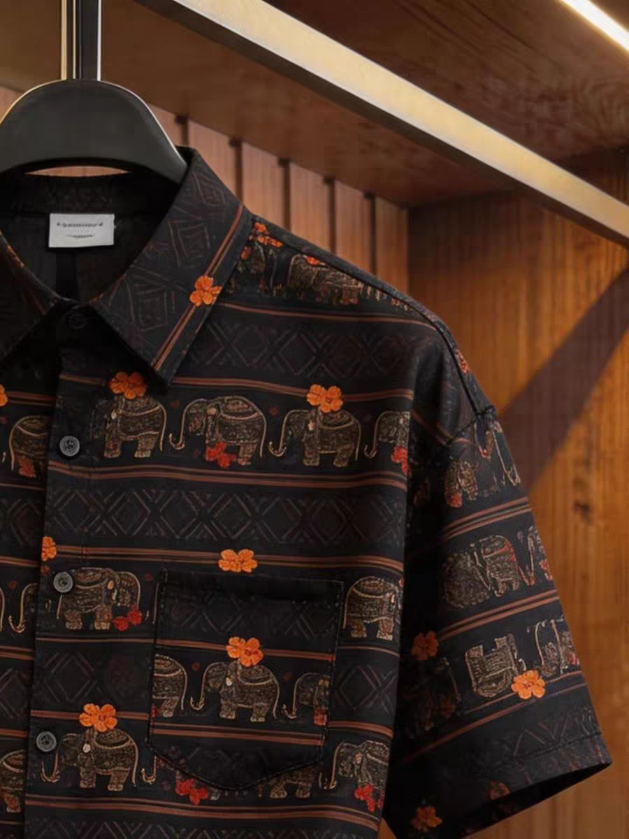 Goamen Royal Elephant Stripe Printed Half Sleeve Shirt