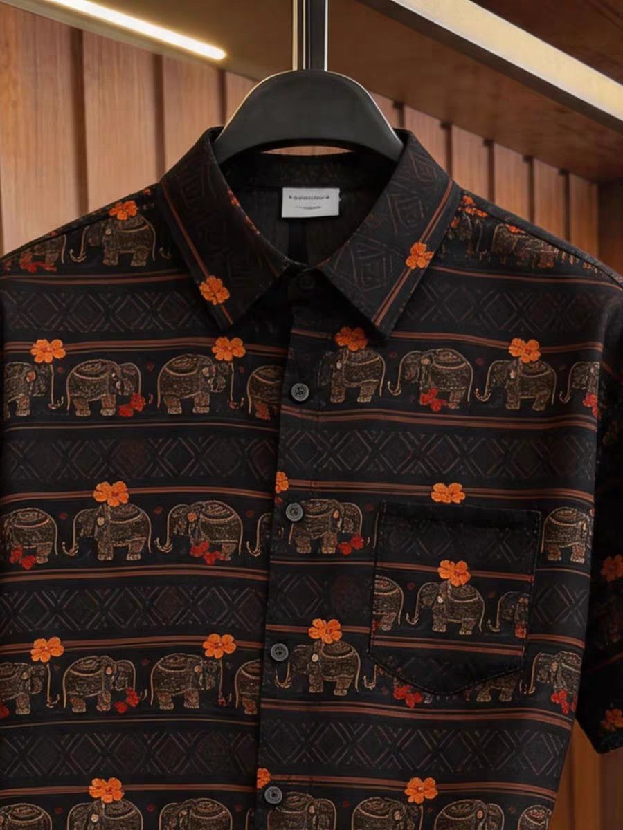 Goamen Royal Elephant Stripe Printed Half Sleeve Shirt