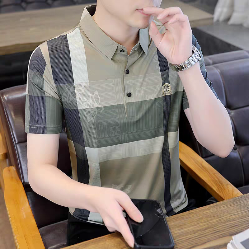Men’s Olive Green Check Panel Polo T-Shirt