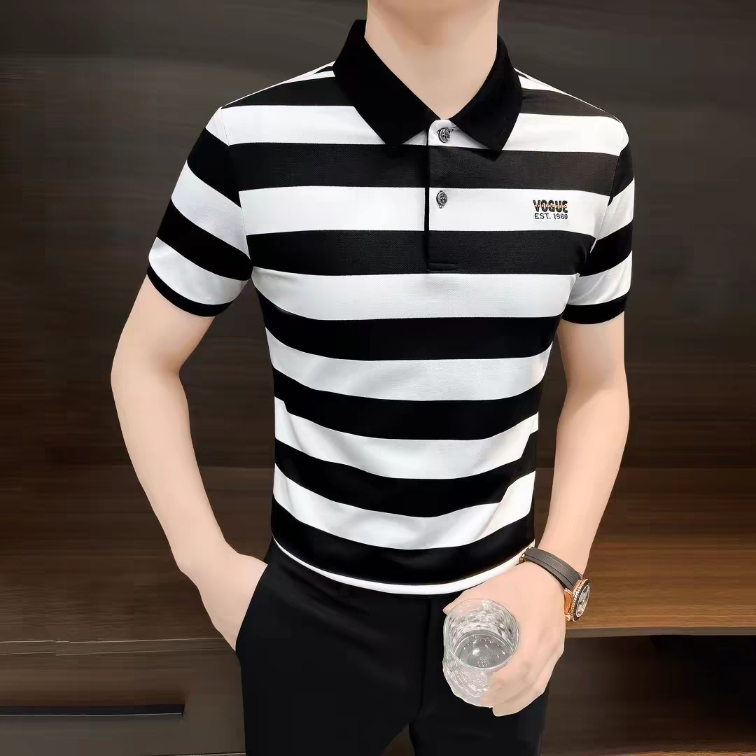 Men's Bold Horizontal Stripe Contrast Collar Polo T-Shirt